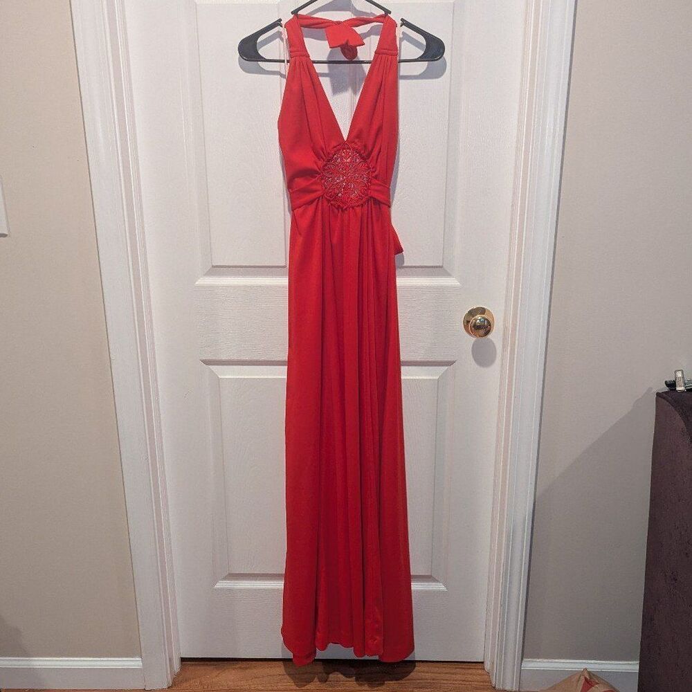 Vintage 70s Boho Act I Red Halter Tie Around Neck Maxi Dress Old Hollywood